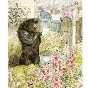 May include: A black dog with a blue ribbon around its neck reads a letter while standing in a garden with pink and white flowers. The dog is looking at the letter in its paws. The text "THE INVITATION" is at the bottom of the image.
