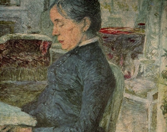 Grabado de Toulouse-Lautrec: La madre del artista leyendo, placa de libro vintage de 1952