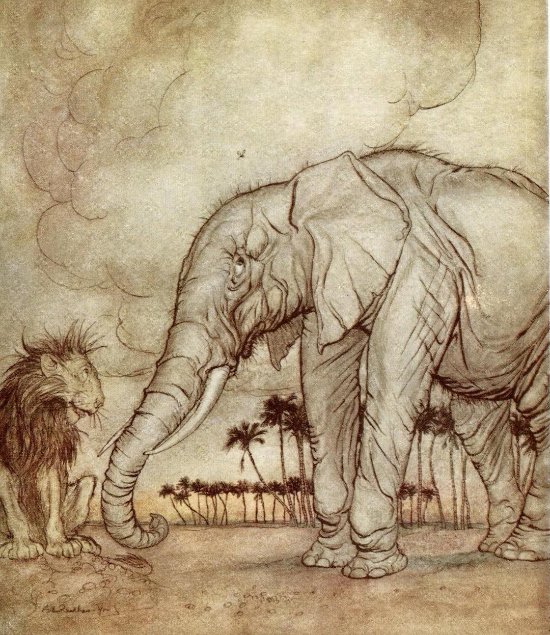 Arthur Rackham Print: Lion and Elephant, Aesop's Fables, 1969 Vintage ...