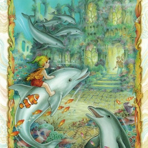 May include: A whimsical illustration of a young person riding a dolphin in an underwater scene. The dolphin is grey and white, and the person is wearing a red and orange outfit. There are other dolphins swimming in the background, and coral reefs and fish are visible in the water.