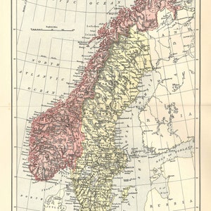 Antyczna mapa NORWEGIA I SZWECJA z 9. edycji Encyklopedii Britannica 1875-1889 - oryginalna rzadka mapa z XIX wieku - mapa wiktoriańska
