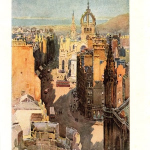 Impressão antiga da High Street de Edimburgo de 1922: Arte em aquarela escocesa