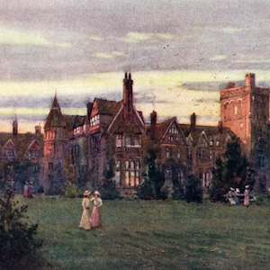 May include: A painting of a large brick building with a tower, set against a cloudy sky. The building has many windows and a lawn in front of it. There are people walking on the lawn.