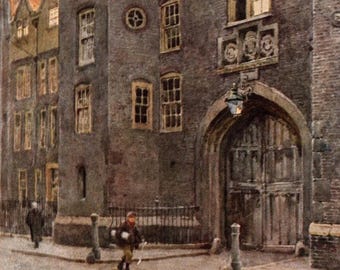 1924 Lincoln's Inn Antique Print: London England Watercolor Art