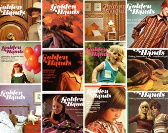 12 GOLDEN HANDS Knitting, Dressmaking Needlecraft magazines - Vintage 1972 issues - Sewing & Fabrics focus - Retro inspiration! Craft books