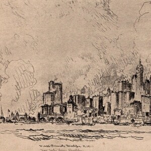 Joseph Pennell: New York from Brooklyn, 1912 Antique Print
