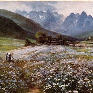 May include: A landscape painting depicts a field of blue and white wildflowers with a path leading through them. A person is bent over, possibly tending to the flowers. Mountains and a wooden fence are in the background.