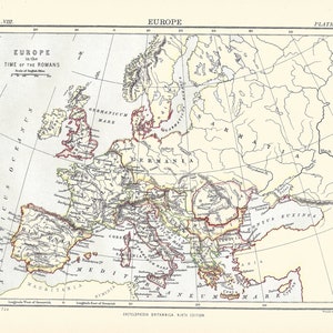 Antieke kaart EUROPA in de tijd van de Romeinen uit de 9e editie Encyclopaedia Britannica 1875-1889 - originele zeldzame 19e-eeuwse kaartafdruk GIFT