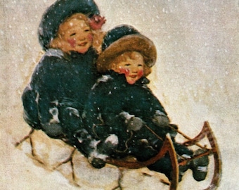 Jessie Willcox Smith-tryck: Barn på släde, vintageillustration