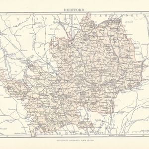 Carte antique HERTFORD, ANGLETERRE de la 9e édition Encyclopaedia Britannica 1875-1889 - impression originale rare du 19e siècle - carte victorienne CADEAU