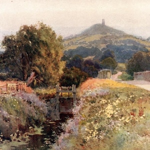 1914 Glastonbury Tor Vintage Print: Somerset Landscape Watercolor