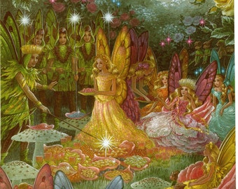 Shirley Barber Vintage Print: Rainbow Fairies & Woodland Animals