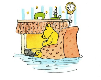 May include: A yellow bear sits in a brown armchair with a polka dot pattern. The chair is floating in blue water. The bear is looking down and has a sad expression. There is a fireplace behind the chair.