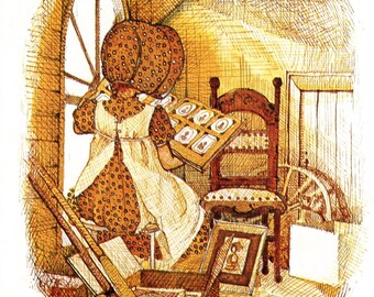 May include: An illustration of a person in a bonnet and apron holding a tray of framed pictures. The scene is set in a room with a window, chair, and open chest. The artwork is done in warm brown tones.