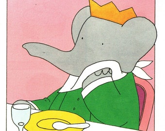 1990 Babar the Elephant Original vintage Print – Nursery Art - Baby Shower - Birthday - Delightfully Amusing Children’s Art (9)