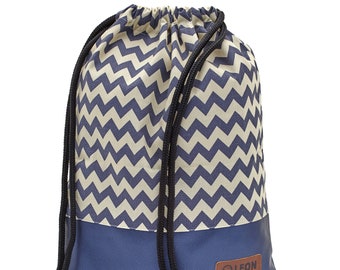 LEON by Bers bag, gym bag, backpack, daypack, cotton gym bag, width approx. 34 cm, height approx. 45 cm, design blue and white ZikZak