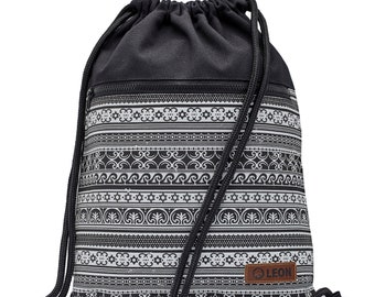 LEON by Bers  Tasche Turnbeutel Rucksack Tagesrucksack Baumwolle gymbag  34 cm x 45 cm Schwarzweiß Blumen Muster, Star&wave Schw. Unterteil