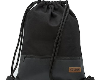 LEON by Bers Tas Rugzak met trekkoord Dagelijkse Tas Katoenen Sporttas Ca. 34 cm x 45 cm Ritsvak, Canvas Zwart PU Bodem