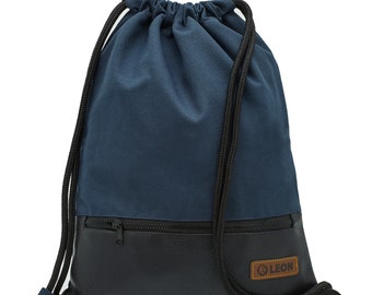 LEON by Bers bag gym bag backpack daily bag cotton gym bag approx. 34 cm x approx. 45 cm zip bag, canvas blue PU bottom part SW