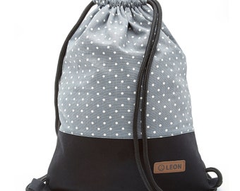 LEON by Bers women's bag, men's gym bag, backpack, daypack, cotton gym bag, width approx. 34 cm, height approx. 45 cm, white dots on grey