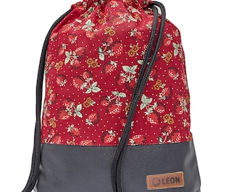 LEON by Bers bag gym bag backpack daily bag cotton gym bag width approx. 34 cm, height approx. 45 cm, strawberry design - black bottom