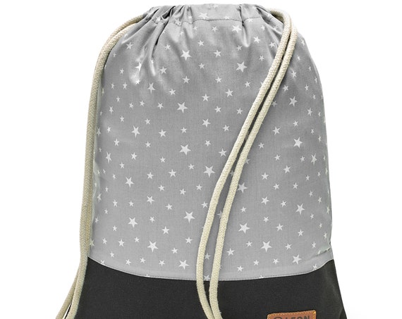 LEON by Bers Bag Gym Bag Backpack Sports Bag Children Cotton gym bag Width 32 cm Height 41 cm, White Stars Grey, black. FabricFloor