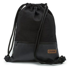LEON by Bers  Tasche Turnbeutel Rucksack daily bag Baumwolle  gymbag ca.34 cm x ca.45 cm Reißverschlusstasche, Canvas Schwarz PU Unterteil