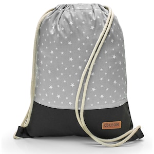 LEON by Bers  Tasche Turnbeutel Rucksack Tagesrucksack Kinder Baumwolle  gym bag Breite 32cm Höhe 41cm, Weiße Sterne Grau, schw. StoffBoden