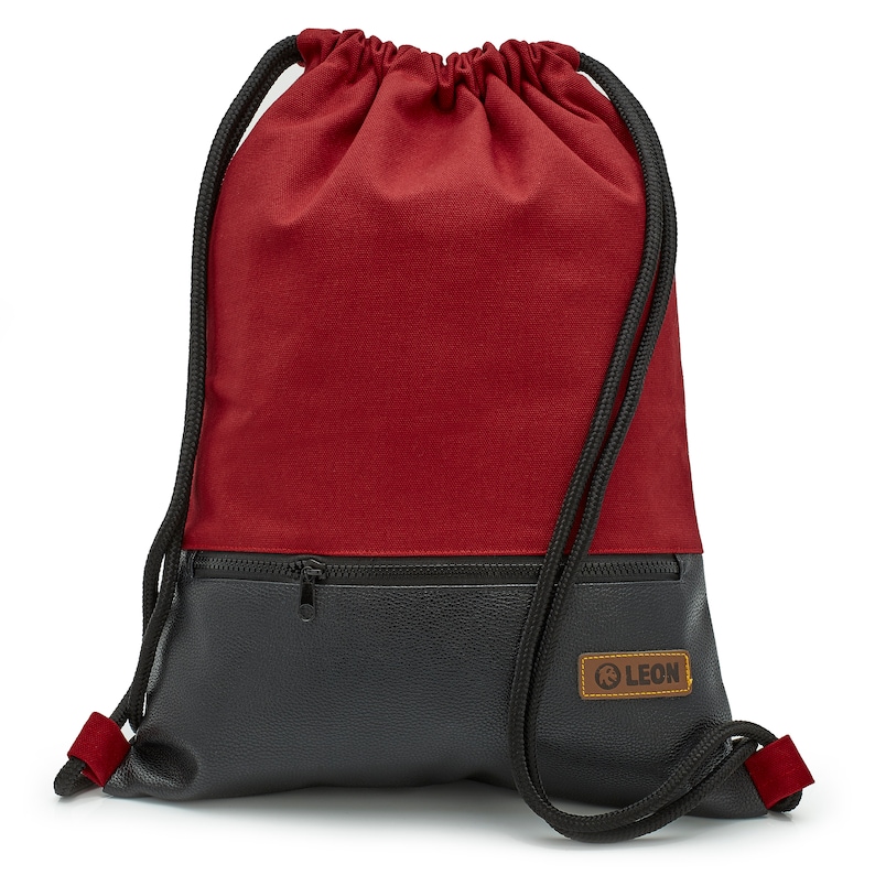LEON by Bers bag gym bag backpack daily bag cotton gym bag approx. 34 cm x approx. 45 cm zip bag, canvas black PU bottom part Red