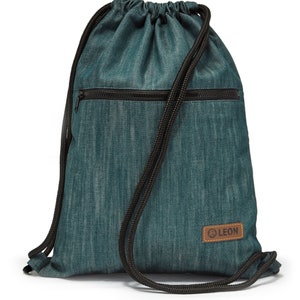 LEON by Bers bolsa de ginástica mochila bolsa diária bolsa de ginástica de algodão largura aprox. 34 cm de altura aprox. 45 cm, zíper externo, jeans azul-esverdeado