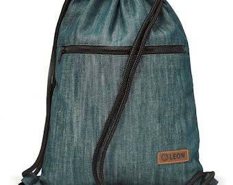 LEON by Bers bag gym bag backpack daily bag cotton gym bag width approx. 34 cm, height approx. 45 cm, outside zip, denim blue-green