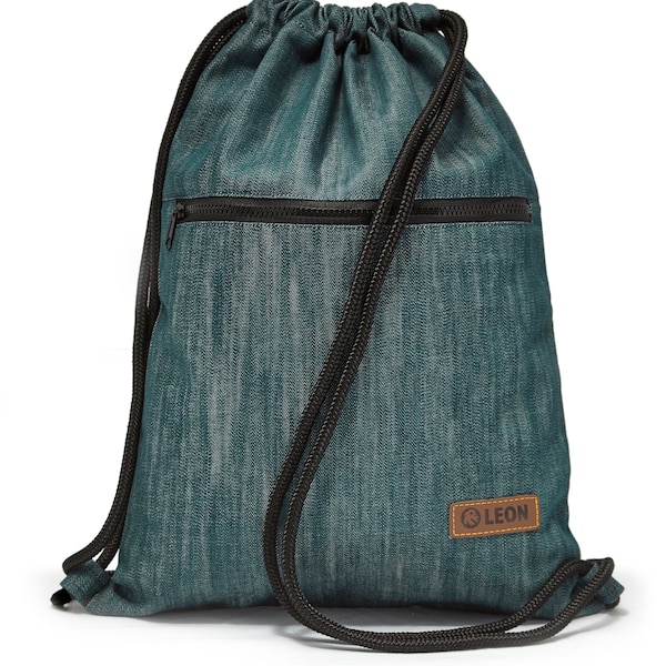 LEON by Bers  Tasche Turnbeutel Rucksack daily bag Baumwolle  gym bag Breite ca.34 cm Höhe ca.45 cm, außen Reißverschluss, Denim Blaugrün