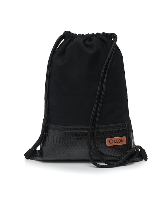 LEON by Bers Bag Drawstring Backpack Daily Bag Cotton Gym Bag Approx. 34 cm x 45 cm Zippered Pocket, Canvas Black PU Bottom