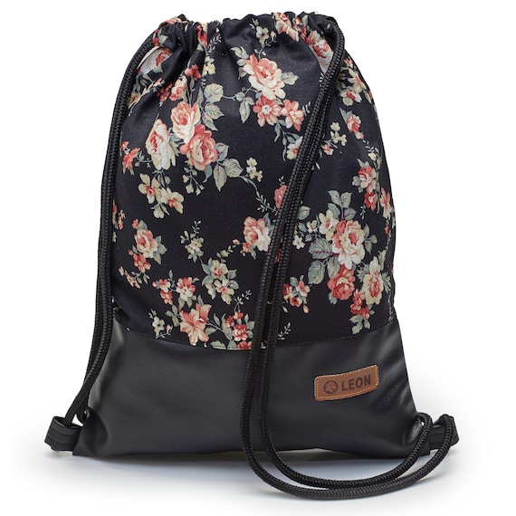 LEON by Bers bag gym bag backpack daypack cotton gym bag width 34 cm height 45 cm fabric rose black, black faux leather bottom