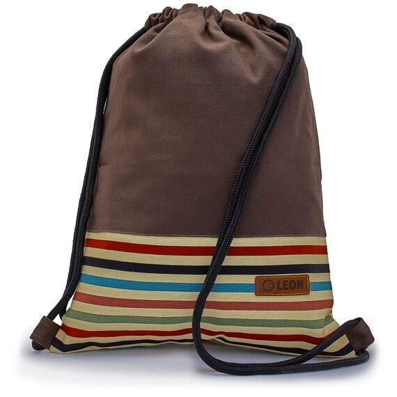 LEON by Bers bag gym bag backpack daypack made of cotton gym bag, canvas black, grey, pink, brown, dark blue bottom striped