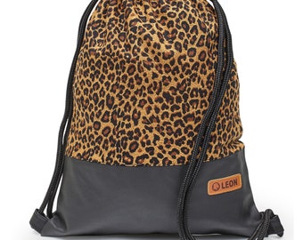 LEON by Bers  Tasche Damen Turnbeutel Rucksack daily bag aus Baumwolle  gym bag Breite ca.34 cm Höhe ca.45 cm, Design Leopard, Kupferboden