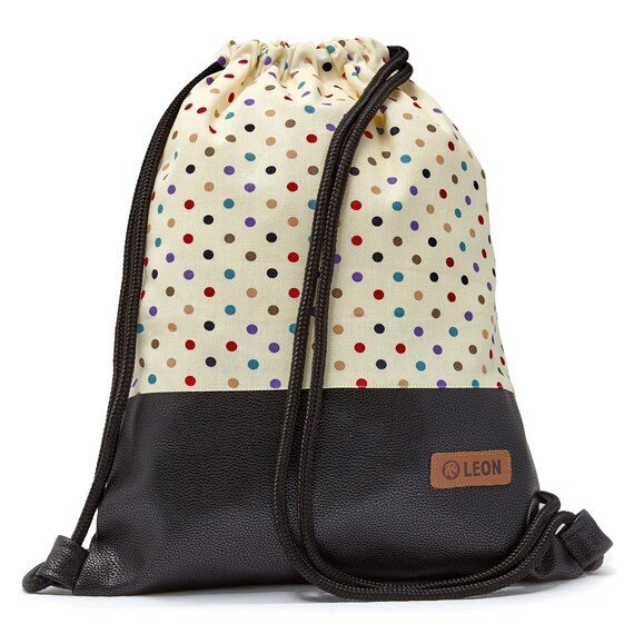 LEON by Bers bag gym bag backpack daypack cotton gym bag width approx. 34 cm, height approx. 45 cm, colorful dots - black bottom