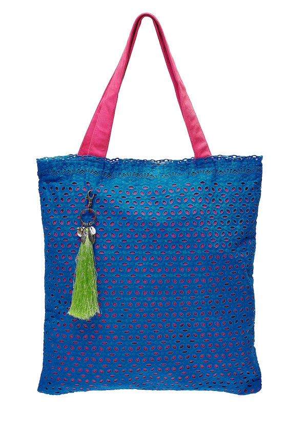 LEONs Beautiful Bag Shopping Bag Pouch Bag Fabric Bag Shopper Tote Bag Cotton Zipper Inside Pockets Velour Handle Royal Blue
