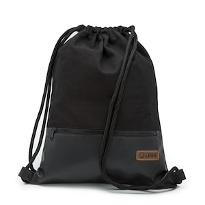 LEON by Bers Bag Plecak ze ściągaczem Torba codzienna Torba na siłownię z bawełny Ok. 34 cm x 45 cm Kieszeń na zamek błyskawiczny, Płócienny czarny spód z PU