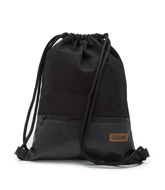 LEON by Bers Bag Drawstring Backpack Daily Bag Cotton Gym Bag Approx. 34 cm x 45 cm Zippered Pocket, Canvas Black PU Bottom