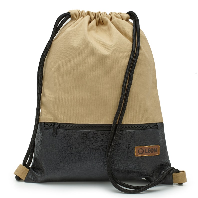 LEON by Bers bag gym bag backpack daily bag cotton gym bag approx. 34 cm x approx. 45 cm zip bag, canvas black PU bottom part Beige