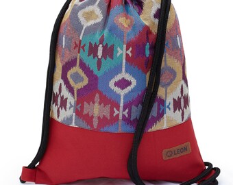LEON by Bers Bag Mochila con cordón Mochila de día Bolsa de gimnasio de algodón BOHO rojo azul turquesa diamante