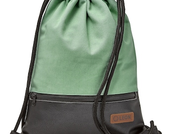 LEON by Bers  Tasche Turnbeutel Rucksack daily bag Baumwolle  gymbag ca.34 cm x ca.45 cm Reißverschlusstasche, Canvas Mint PU Unterteil SW