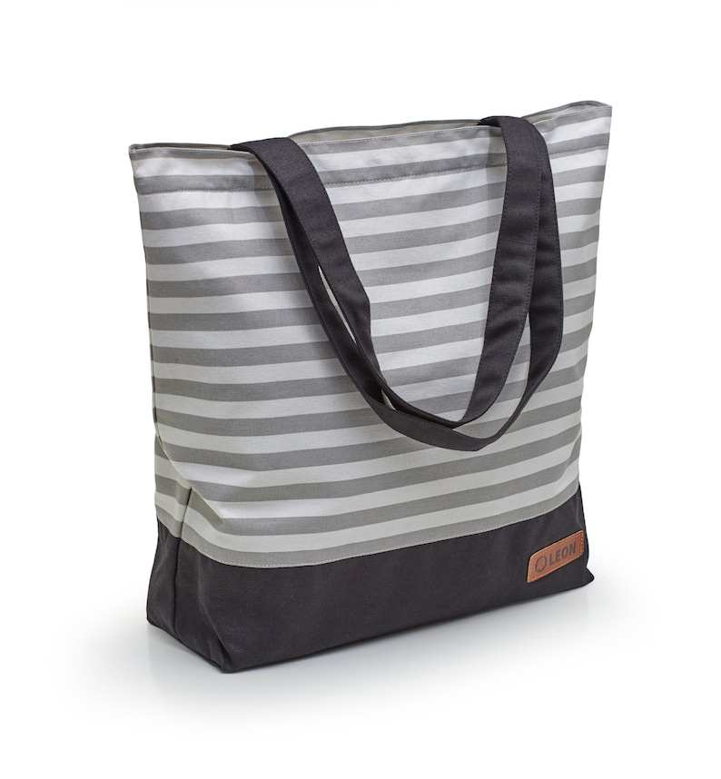 LEON Einkaufstasche Beuteltasche Stofftasche Shopper Tote Bag Baumwolle Innentasche Außentasche 6 Designs StreifenGrau
