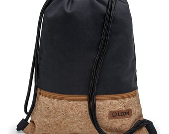 LEON by Bers sporttas, trekkoordtas, rugzak, sporttas, katoen met kurkcoating, breedte ca. 34 cm, hoogte ca. 45 cm, ritssluiting aan de buitenkant