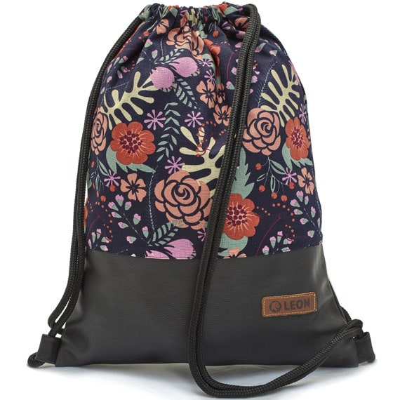 LEON by Bers bag gym bag backpack daily bag cotton gym bag width 34 cm height 45 cm, fabric ferns colorful, black faux leather bottom
