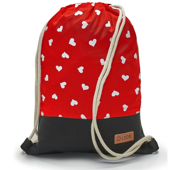 LEON by Bers bag gym bag backpack daypack children's cotton gym bag width 32 cm height 41 cm, hearts on red, black. Fabric floor