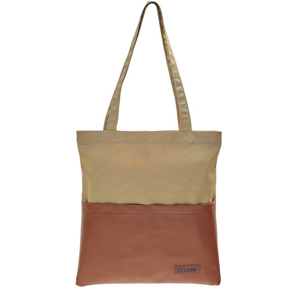 LEON sturdy beautiful shopping bag pouch bag fabric bag shopper tote bag cotton vegan faux leather inside pocket outside pocket in 9 colors