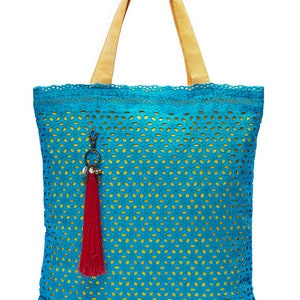 LEONs Schöne Tasche Einkaufstasche Beuteltasche Stofftasche Shopper Tote Bag Baumwolle Reißverschluss Innentaschen Velour Henkel Turquoise