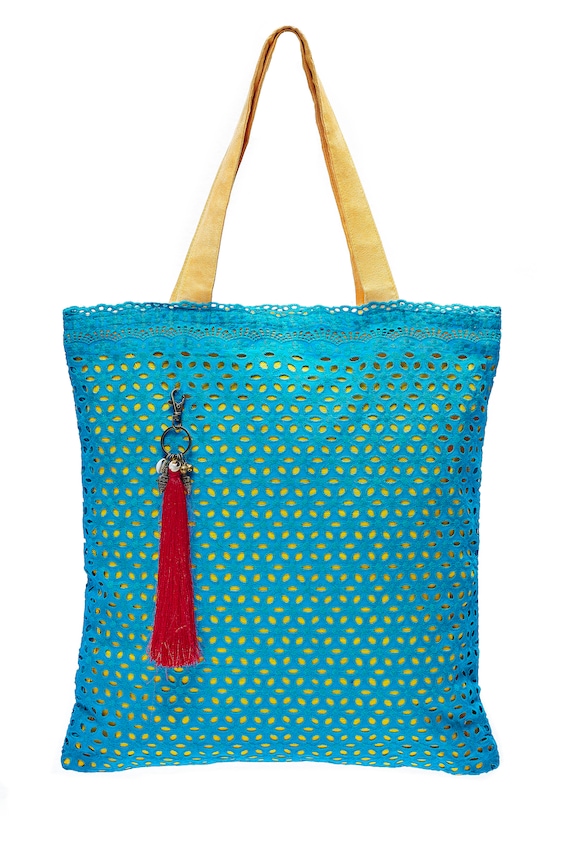 LEONs Beautiful Bag Shopping Bag Pouch Bag Fabric Bag Shopper Tote Bag Cotton Zipper Inside Pockets Velour Handle Turquoise